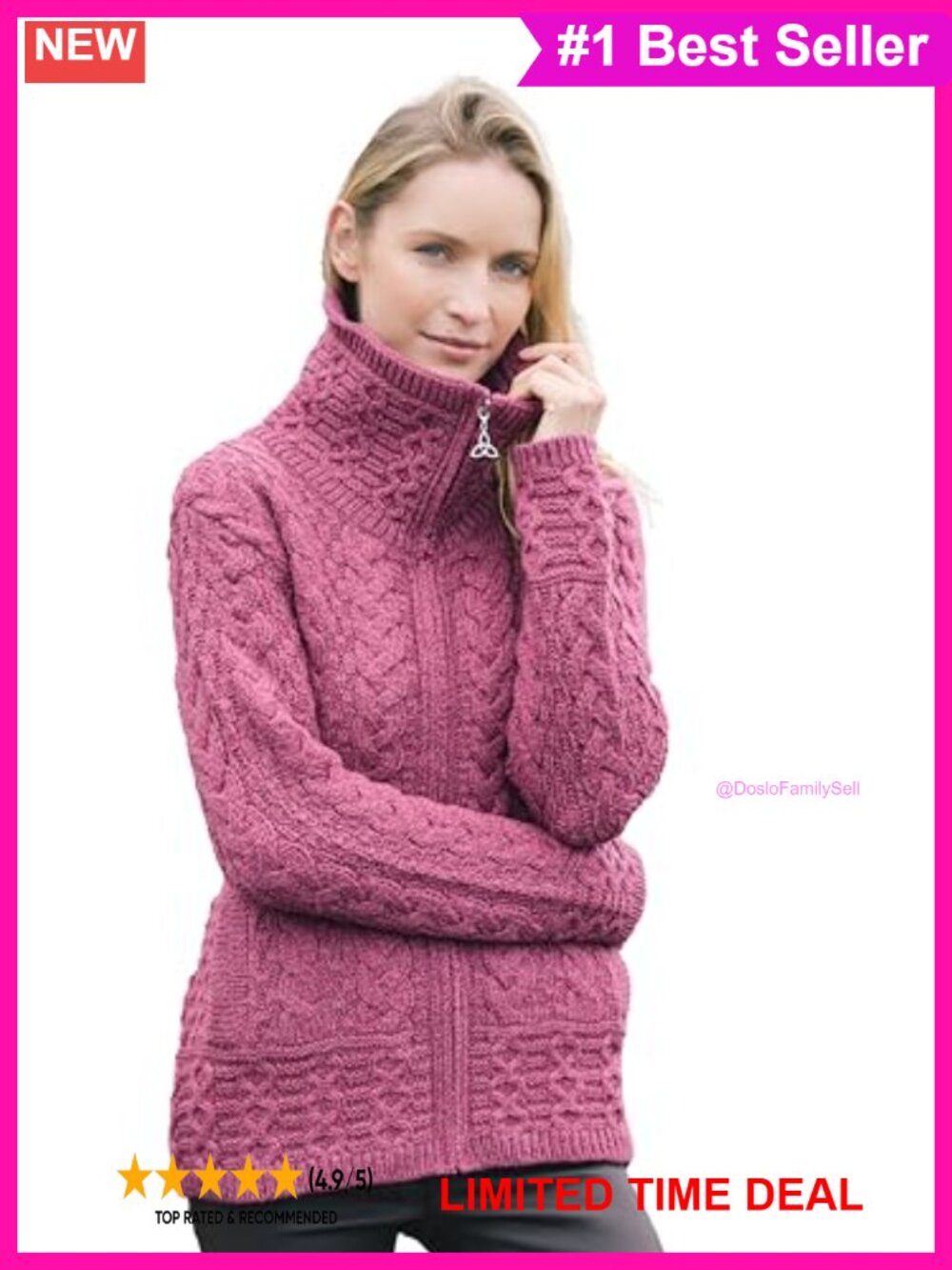 Merino Wool Double Collar Zip Cardigan Irish Knit Sweater